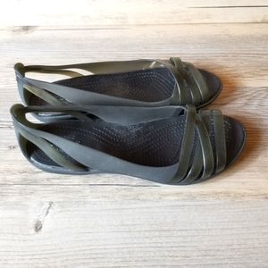 Crocs Isabella Huarache 2 Flat Black Slip On Flat Heel Sandals NWOT